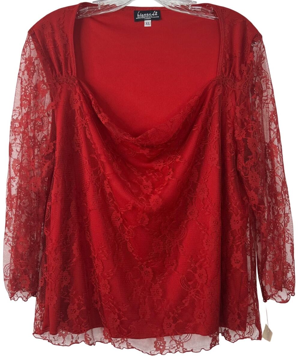 biyaycda NWT Vintage Women's Red Blouse Sheer Floral Lace Feminine Chic Size XL
